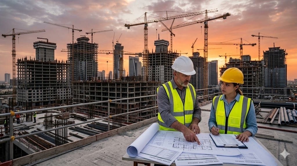 Construction supervisors overlooking large city development projects highlighting industry talent shortage