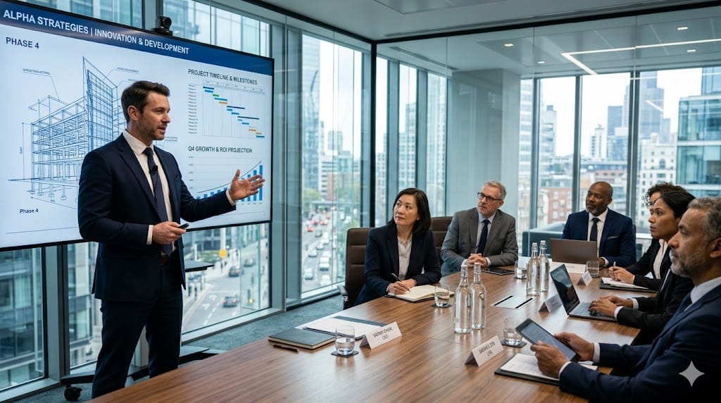 Consulting engineer presenting strategy to executives in corporate boardroom