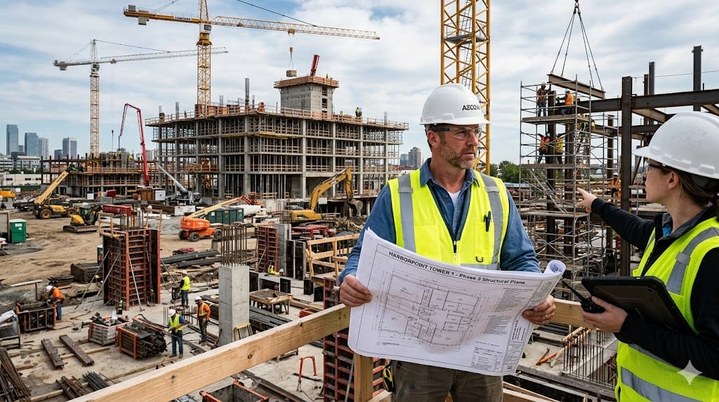 Consulting engineer managing complex construction project with multiple plans