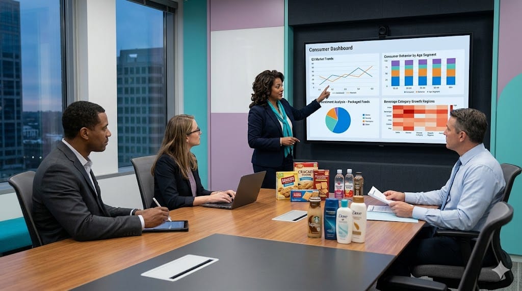 Executives reviewing consumer insights data and analytics dashboard during leadership hiring discussion in modern corporate office