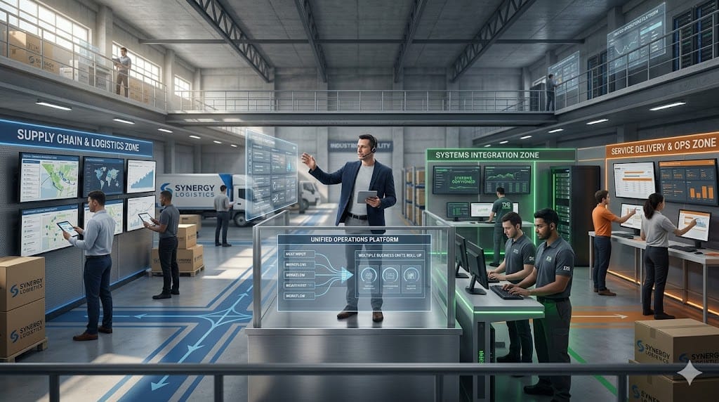 A chief operating officer candidate coordinating multiple business units converging into a unified operation, illustrating hiring for a PE roll-up strategy company