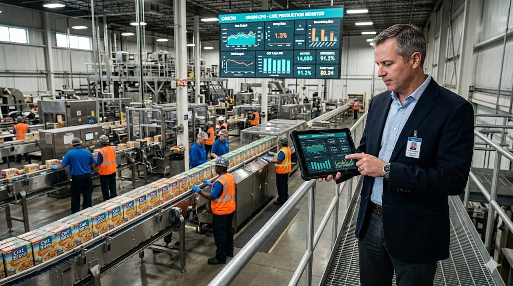Chief Operating Officer analyzing production data in consumer packaged goods factory to improve margins and operational efficiency