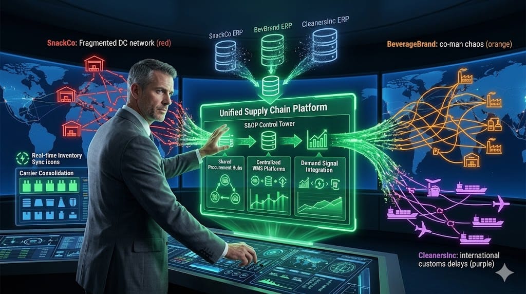 Master COO orchestrating supply chain convergence across diverse CPG brands, unifying disparate logistics networks, inventory systems, and procurement platforms into seamless platform operations on strategic command screens.