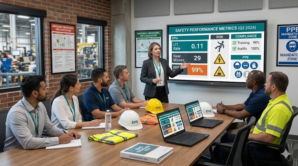 EHS leader conducting safety training session with engineers in industrial conference room with safety charts and digital screen