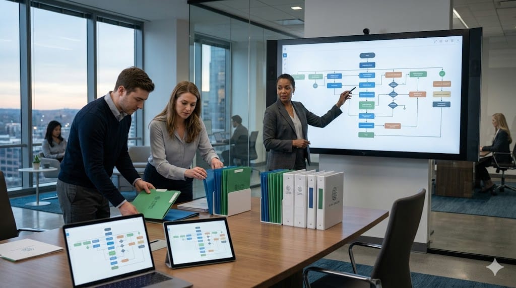 Legal professionals standardizing workflows across corporate legal functions using structured processes and digital tools in a modern office