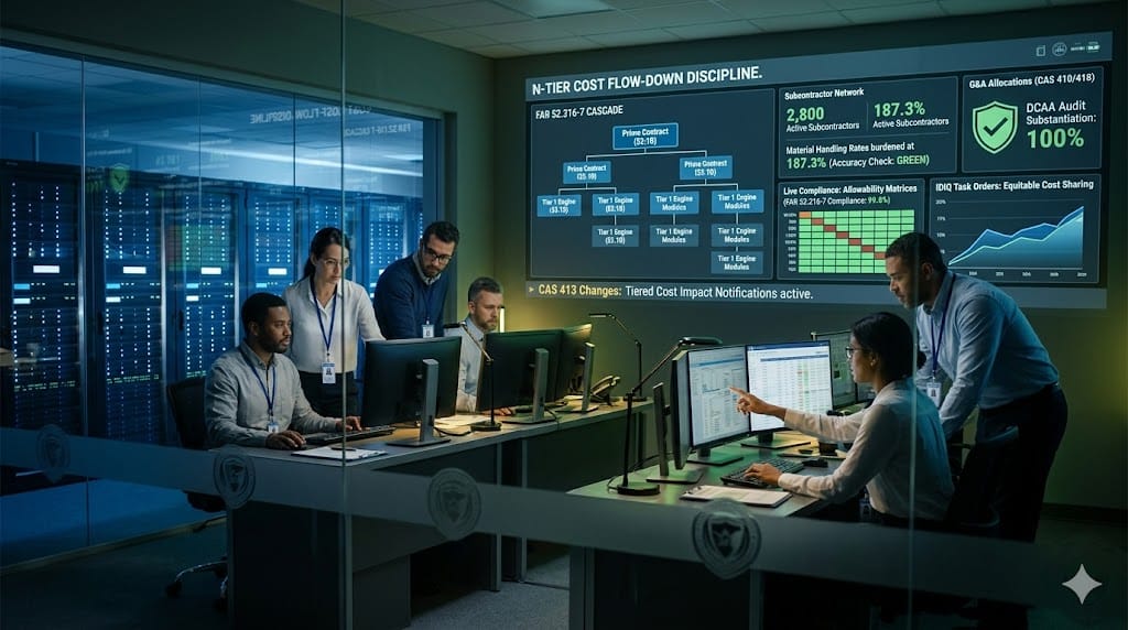 aerospace contract managers enforcing cost flow-down discipline across tiers, showing compliance specialists cascading FAR 31.205 allowability rules, CAS 402 direct/indirect allocations, and DCAA audit-ready cost determination structures from prime to Tier 3 subcontractors.