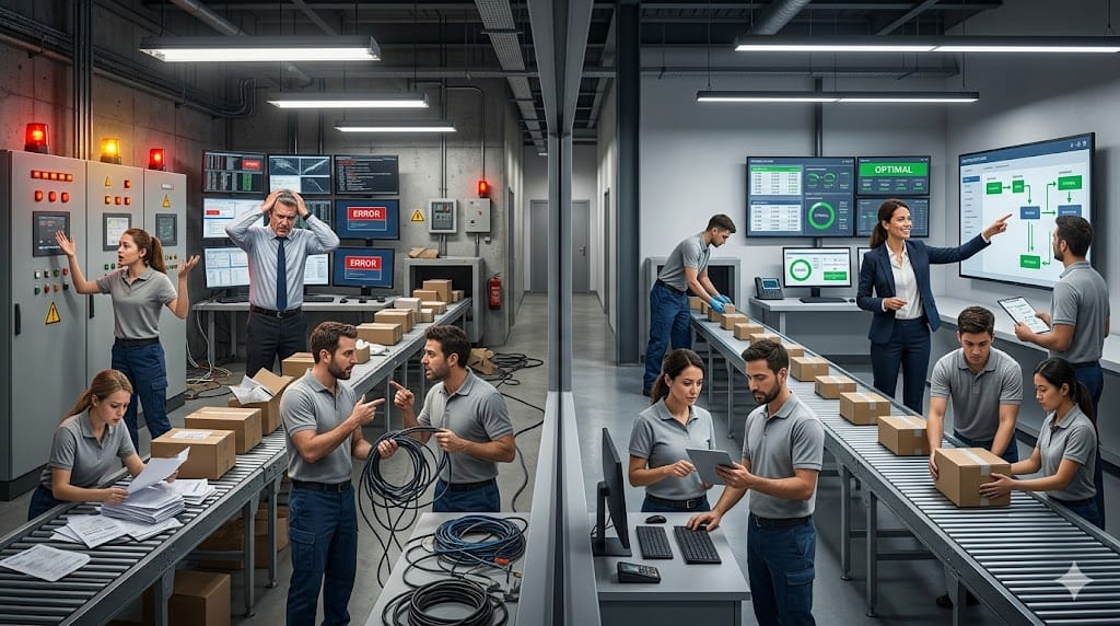 A fragmented team struggling with operational breakdown while another coordinated group demonstrates effective leadership, illustrating the cost of a bad executive hire and how to avoid it