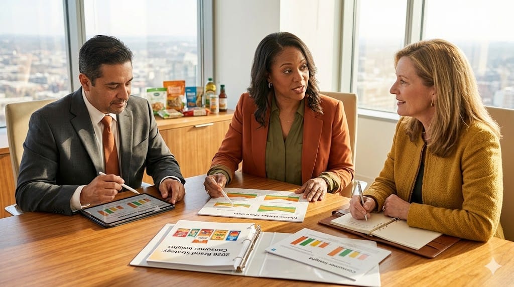 A realistic executive interview scene in a modern consumer goods headquarters where a diverse hiring panel reviews colorful brand strategy documents and market research for a Brand President role. The conference table holds retail analytics, consumer trend reports, and a tablet displaying competitive market share data, capturing the strategic brand leadership hiring process.