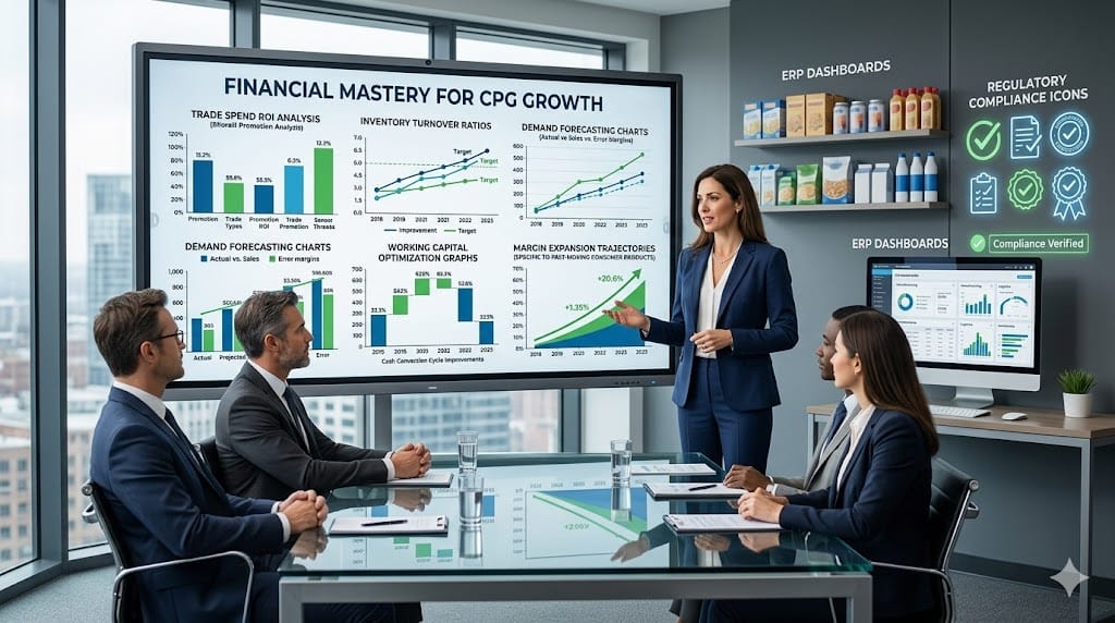 Strategic CPG CFO candidate reviewing financial dashboards with trade spend analytics, cash flow forecasts, and consumer goods profitability metrics during executive search interview in modern conference room.