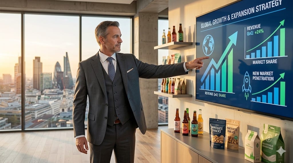 Dynamic professional in modern office reviewing growth charts with colorful CPG products like beverages and snacks on shelves in the background, symbolizing strategic leadership in consumer goods.