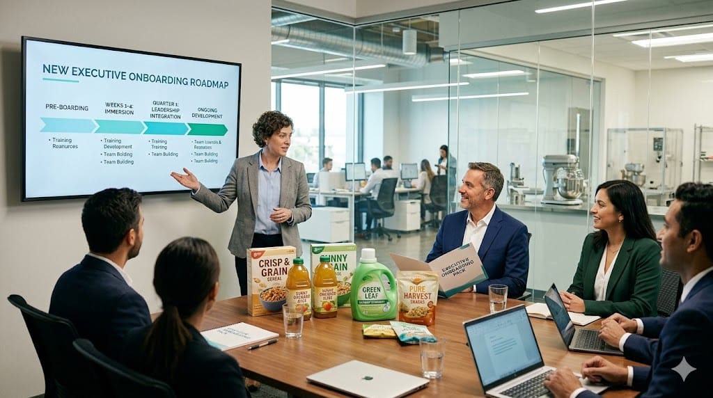 New executive being onboarded in consumer packaged goods company with leadership team reviewing onboarding plan and product samples
