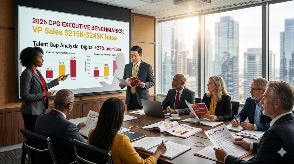 Realistic data journalism presentation where CPG recruitment analysts unveil the 2026 Executive Talent Report to corporate leaders, featuring printed salary benchmarking charts showing $215K-$245K VP ranges alongside talent gap visualizations and trend graphs on a projection screen amidst coffee-stained notebooks.