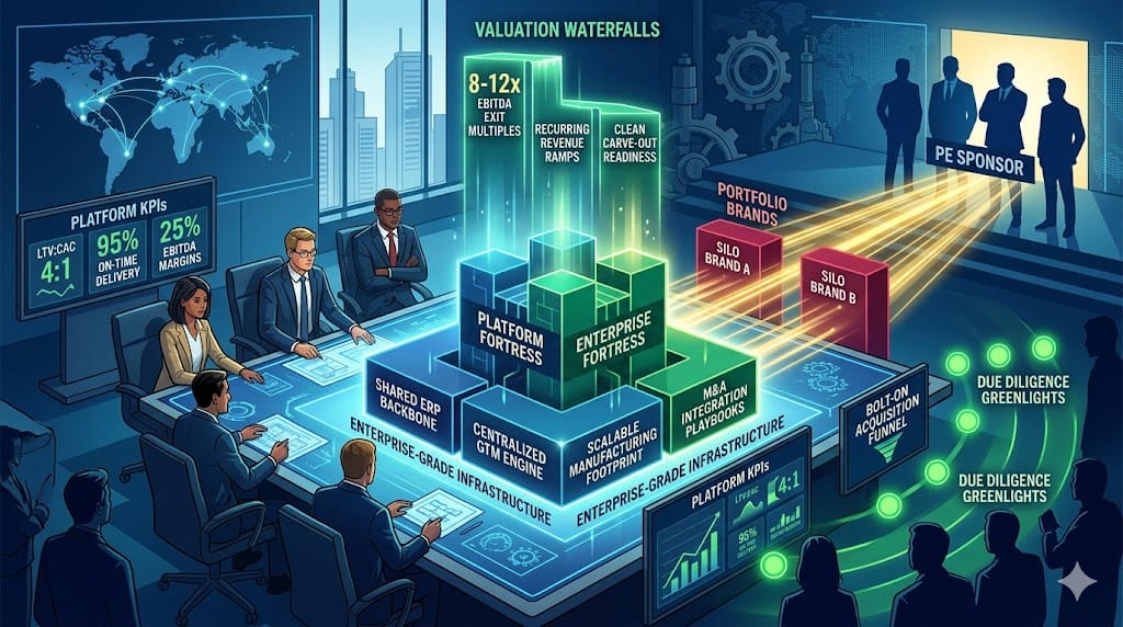 PE-backed CPG leadership team engineering scalable platform architecture with clean P&L consolidation, bolt-on acquisition pipelines, and enterprise systems readiness for strategic exit multiples.