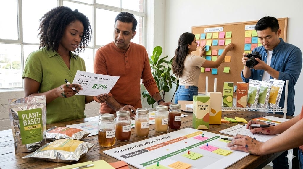 Realistic product development workshop where CPG innovation team reviews prototypes through commercialization pipeline stages amidst colorful packaging mockups and consumer testing data, capturing the structured journey from concept validation to market launch.