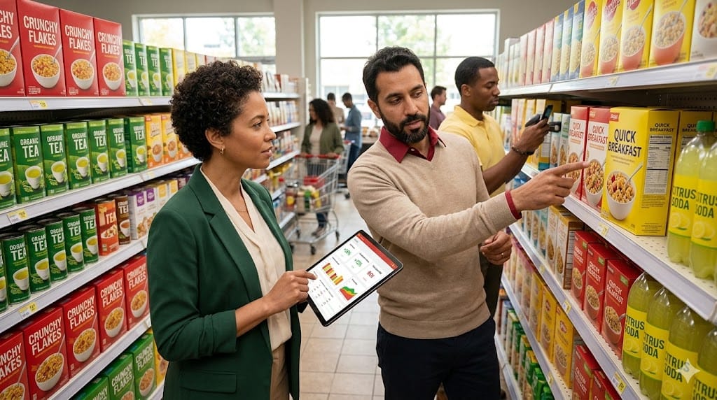 Realistic field strategy session where CPG executives review Brand President metrics during a retail store tour. Diverse leaders examine shelf performance data on tablets amidst colorful product displays, capturing authentic commercial evaluation combining quantitative metrics with real-world retail execution.