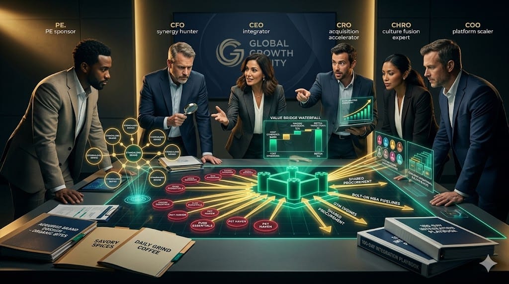 Strategic CPG executive team architecting PE roll-up synergies, with integration roadmaps connecting acquired brands, shared service platforms, and value creation levers in a high-stakes war room.