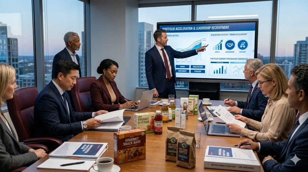 Private equity investors and CPG executives discussing leadership hiring strategy with growth charts and portfolio performance dashboard