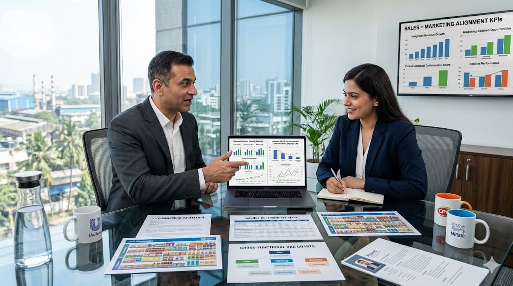 Executive recruiter interviewing cross-functional CPG leader with sales and marketing expertise in contemporary office, surrounded by retailer planograms, campaign performance dashboards, and trade promotion analytics bridging commercial functions.