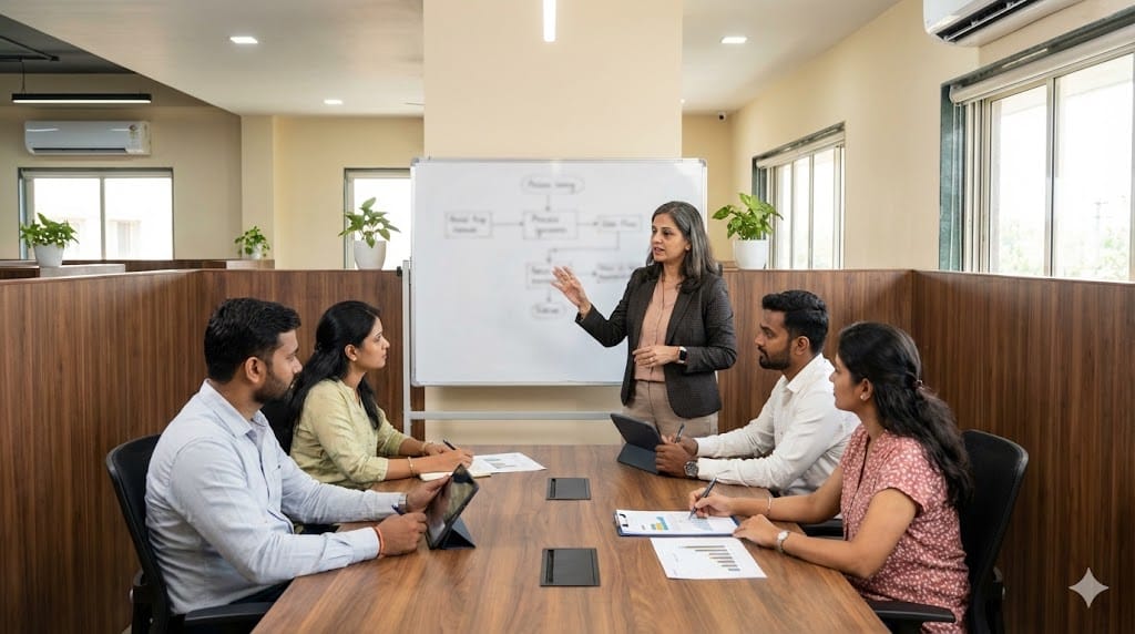 Chief Quality Officer leading a cross-functional team meeting in a modern office, promoting quality culture and collaboration across the enterprise.