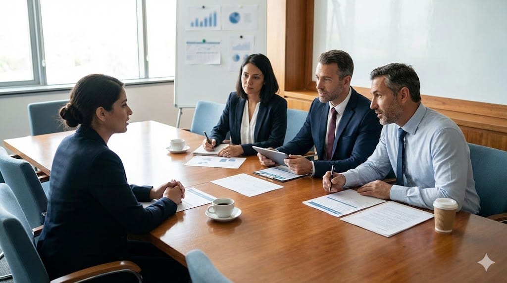 Executive team conducting an interview and assessment for a Chief Quality Officer in a modern office, reviewing evaluation forms and discussion notes.