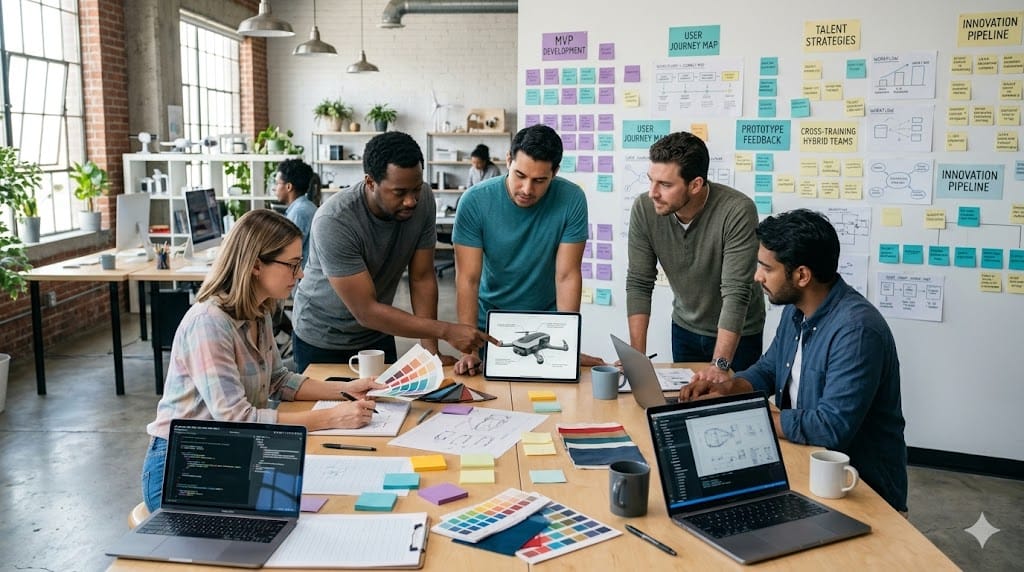 Creative and technical professionals collaborating on product design using digital tools and sketches in modern innovation workspace