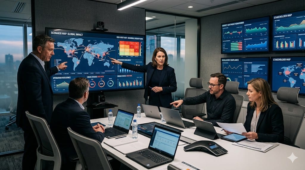 Executives managing crisis scenarios and risk governance in a corporate war room