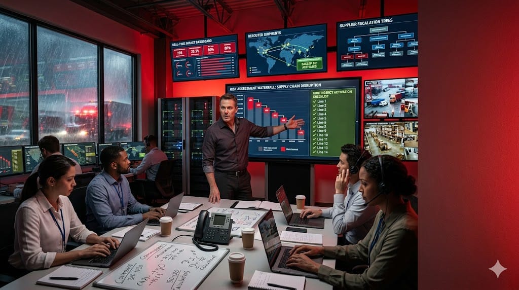 retail executives activating crisis management frameworks during supply chain disruption, coordinating rapid response across operations teams.