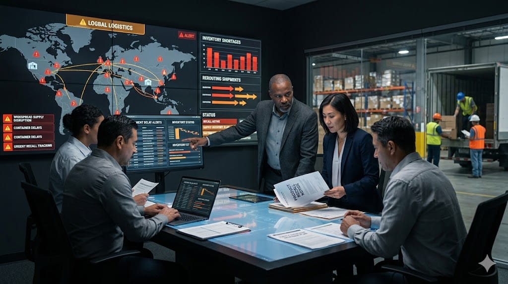 Supply chain crisis management team coordinating product recall and shortage response in an operations command center with logistics tracking screens.