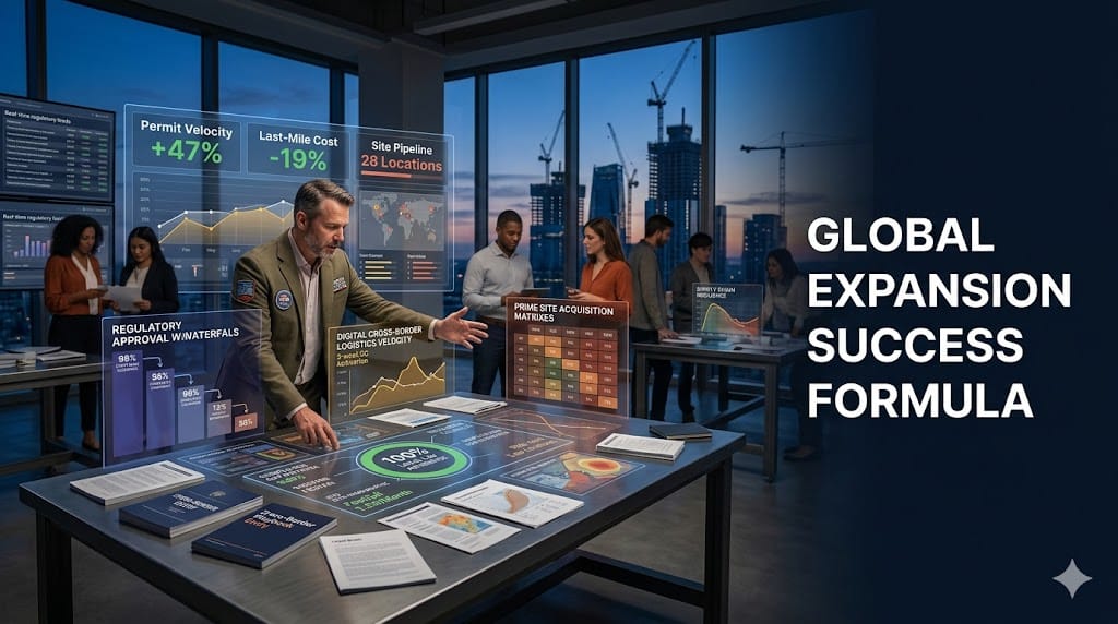 international retail expansion leader integrating compliance, supply chain, and real estate expertise for new market entry, orchestrating triple-pillar strategy in global command center.
