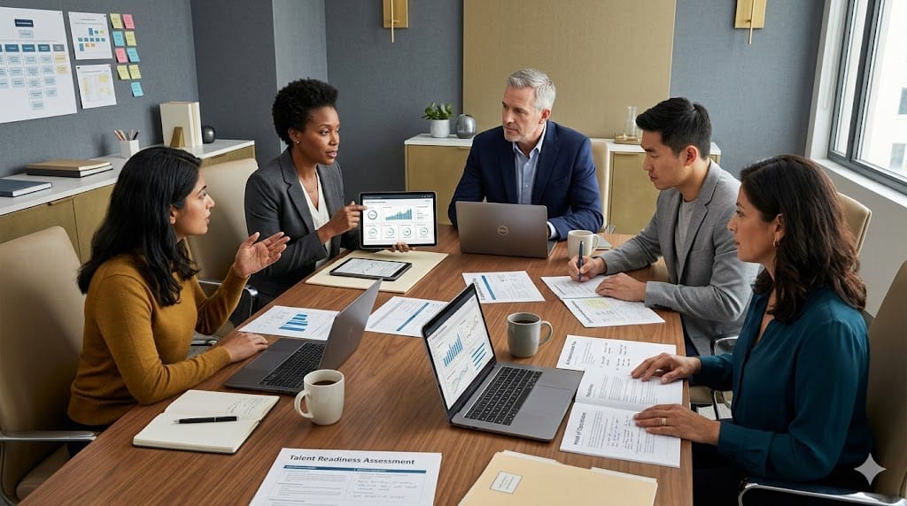 Cross-functional executives collaborating around a large table with AI strategy documents and dashboards, representing AI-ready leadership team alignment in a corporate environment