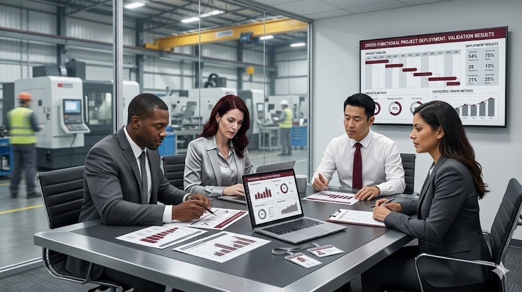 Cross-functional team reviewing project deployment results with charts, factory operations screen, and performance reports
