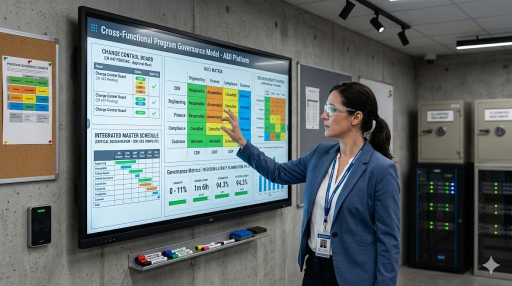 Aerospace program governance specialist configuring integrated cross-functional decision framework on large touchscreen display within secure program management center, showing RACI matrices, CCB workflows, and milestone gate approvals.