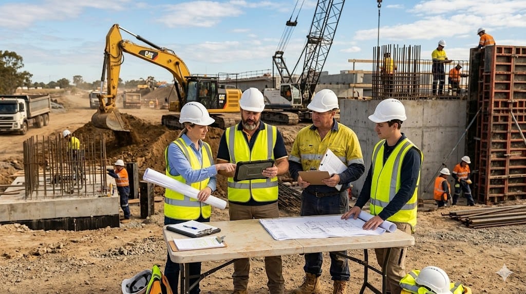 Engineering and field operations teams reviewing plans together at active infrastructure project site
