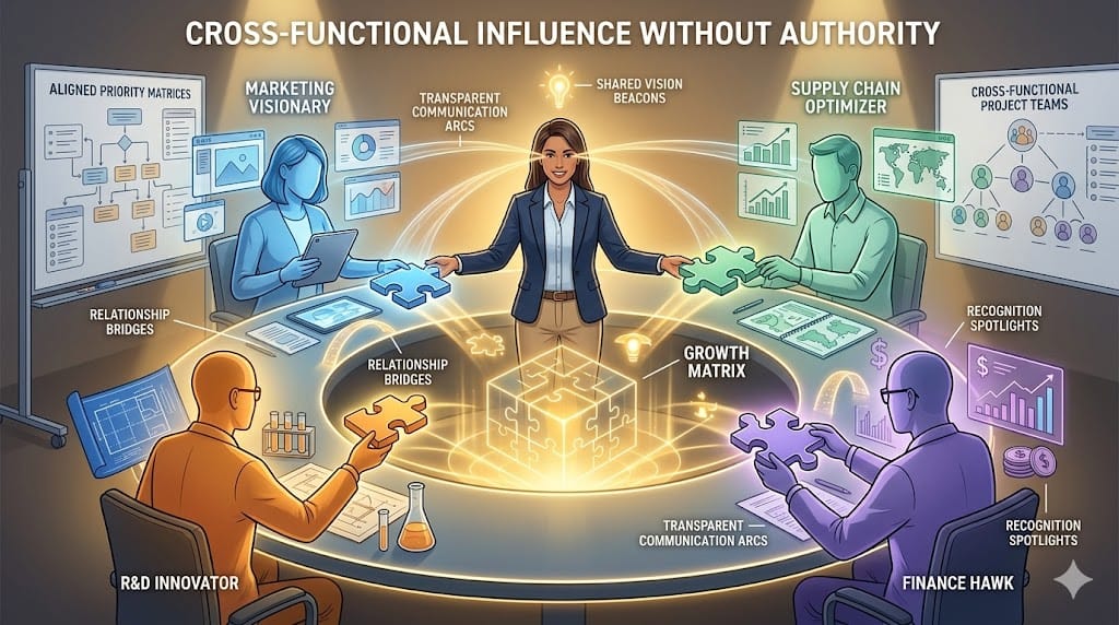  Influential leader uniting diverse CPG functions through trust and collaboration, with interconnected icons linking marketing, supply chain, finance, and R&D teams around shared strategic objectives.