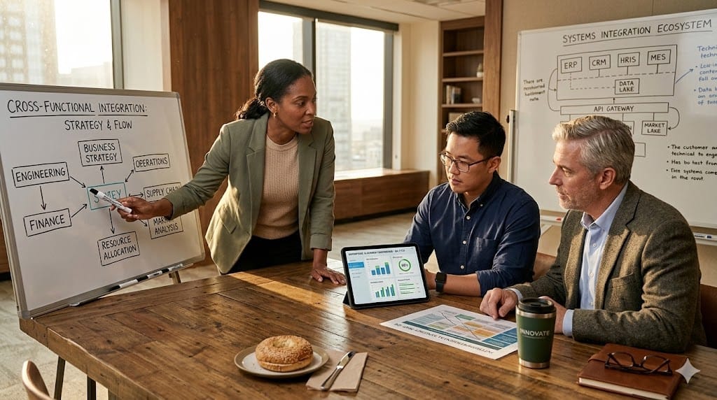 A realistic, eye-level shot of a diverse group of professionals (engineers, business strategists, and operations managers) in a modern, sunlit conference room, gathered around a large table with a large whiteboard in the background showing a "Cross-Functional Leadership" flowchart. The scene is bathed in warm, natural light, highlighting the collaborative atmosphere and the diverse expertise of the team. The palette should be a sophisticated blend of warm wood tones, soft beige, and muted greens, avoiding the typical cold blues and grays.