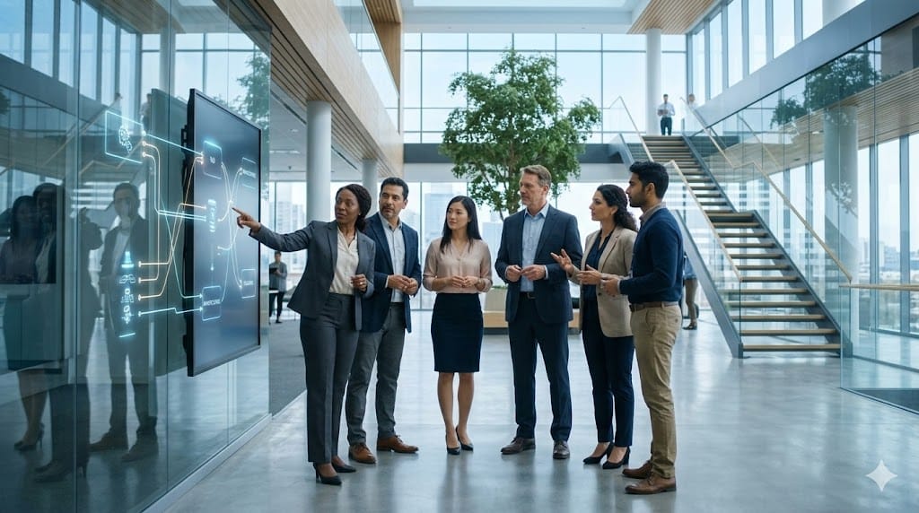 Cross-functional leadership and internal alignment with diverse corporate team reviewing strategy on digital collaboration screen