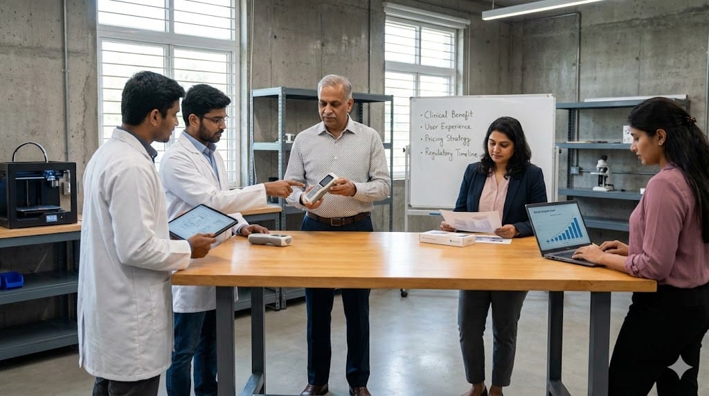 R&D scientists and commercial leaders collaborating with a senior executive around a product prototype in a modern innovation workspace, illustrating cross-functional leadership in MedTech.