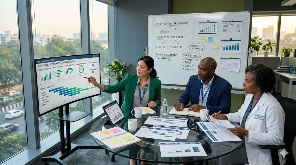 Pharmaceutical leadership team from medical, regulatory, and commercial departments collaborating to align strategy in a modern office meeting space