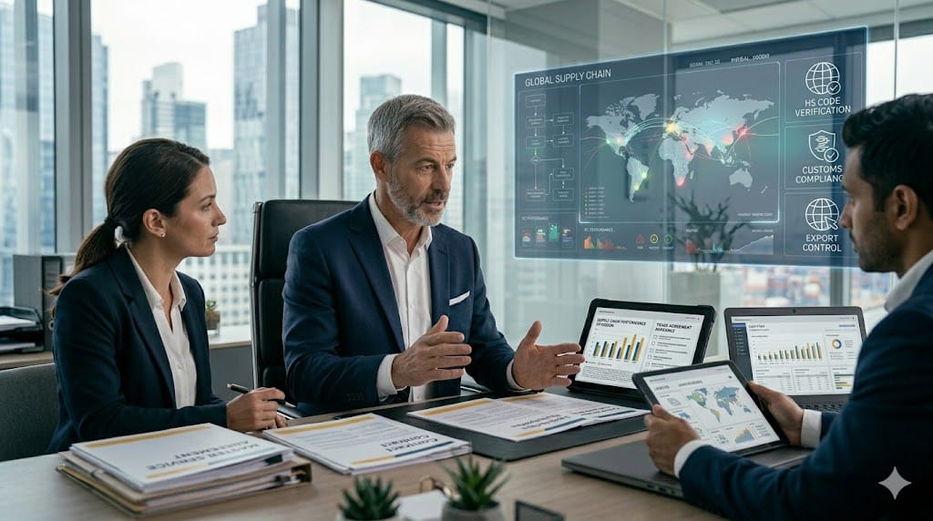 Supply chain leader meeting with legal, finance, and operations teams reviewing contracts, financial charts, and logistics plans in corporate conference room