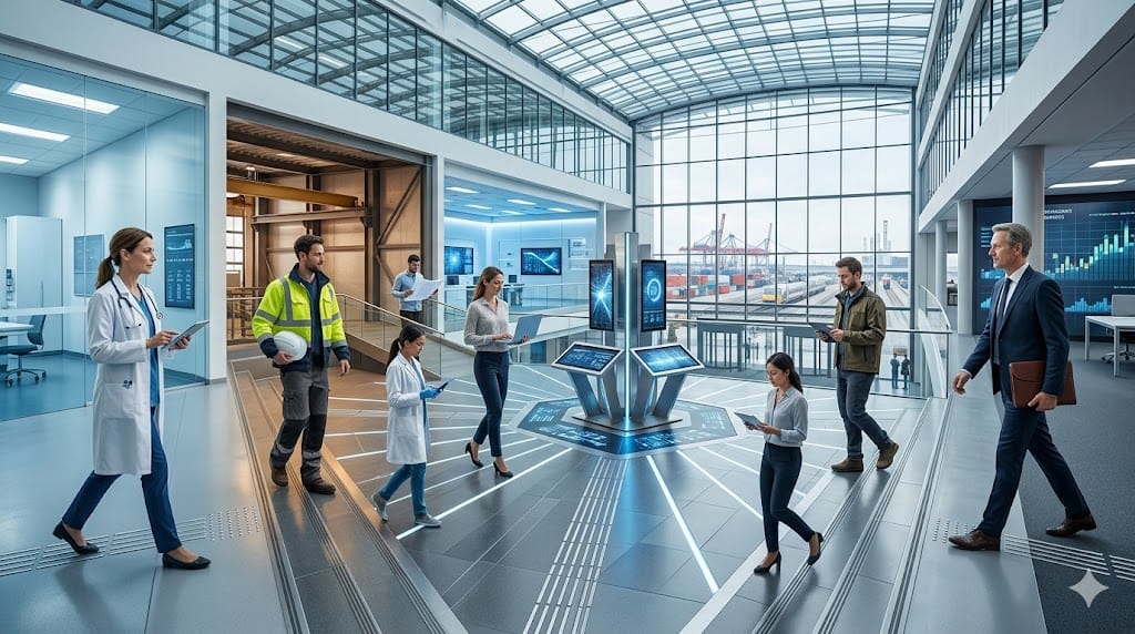 A diverse group of professionals from different industries converging into a unified workspace, representing recruitment from strategic industry verticals
