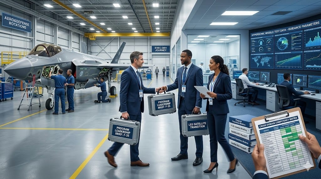 Realistic landscape photo of defense executives rotating across aerospace programs, showing cleared leaders transitioning from fighter jet assembly lines to satellite integration cleanrooms and missile guidance labs, building domain breadth through structured cross-program assignments.
