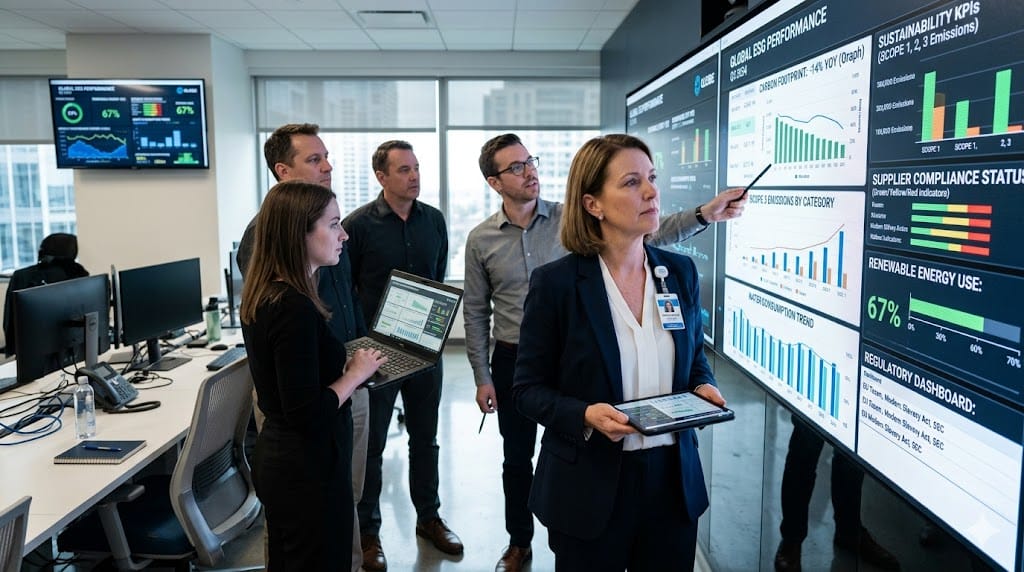 Chief Supply Chain Officer reviewing sustainability, ESG, and regulatory performance dashboards