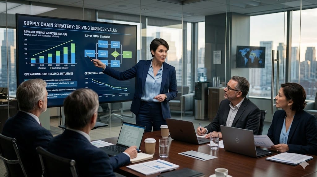 Chief Supply Chain Officer leading strategy meeting showing supply chain as business value driver