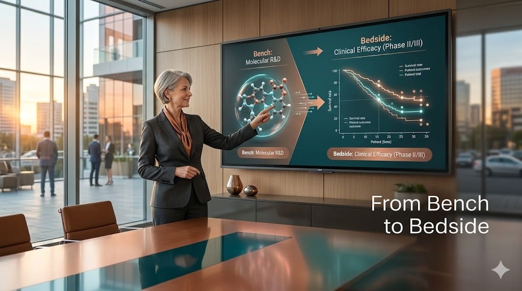 Realistic depiction of a Chief Medical Officer or CSO bridging the gap between laboratory research and clinical trial execution, symbolizing the translation of science into patient care.