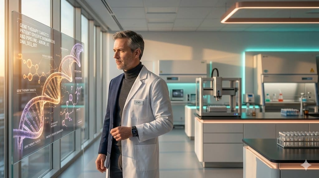 A realistic image of a Chief Scientific Officer analyzing genomic data on a digital interface, symbolizing the strategic shift to precision medicine.