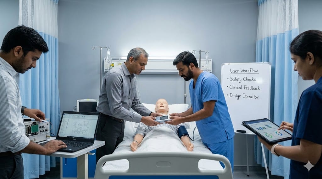 CTO or CPO collaborating with clinical and engineering teams in a medical simulation lab, demonstrating integration of clinical insight and product engineering expertise.