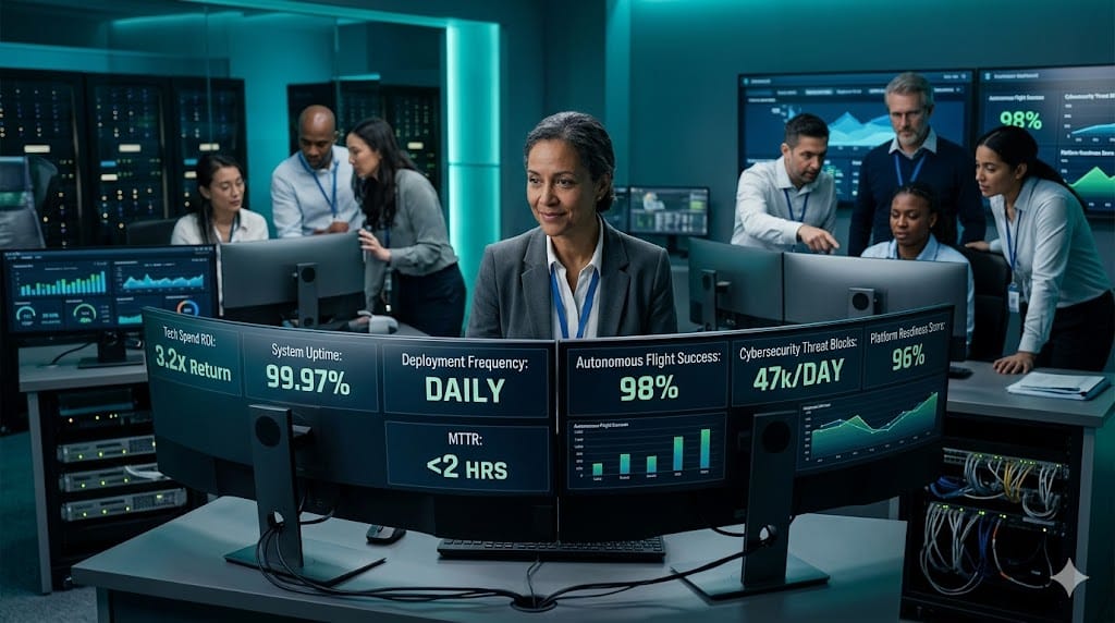 Realistic landscape photo of a CTO analyzing tech investment metrics linked to mission outcomes on advanced dashboards, displaying ROI curves, system uptime graphs, deployment velocity, and defense mission success rates in a high-tech aerospace command center.