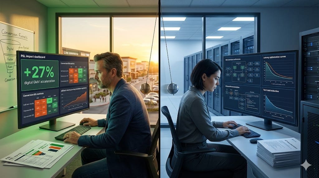 dual portrait comparing retail-focused CTO driving revenue growth versus pure technologist, analyzing business impact metrics in split-screen executive review.