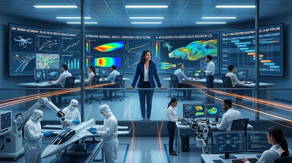 CTO/VP Engineering leading technical stewardship in an aerospace innovation lab, overseeing autonomous systems integration, digital twin validations, and next-gen materials testing on advanced engineering dashboards adjacent to active prototyping bays.