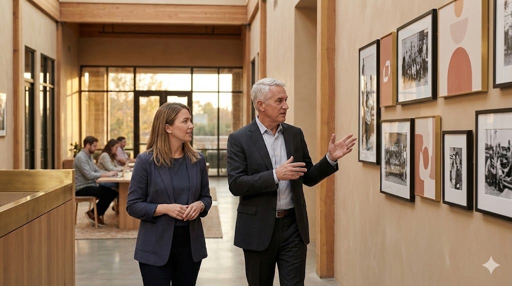 Outgoing and incoming leaders walking together through a company workspace displaying historical milestones and modern branding, symbolizing cultural continuity during leadership transition.